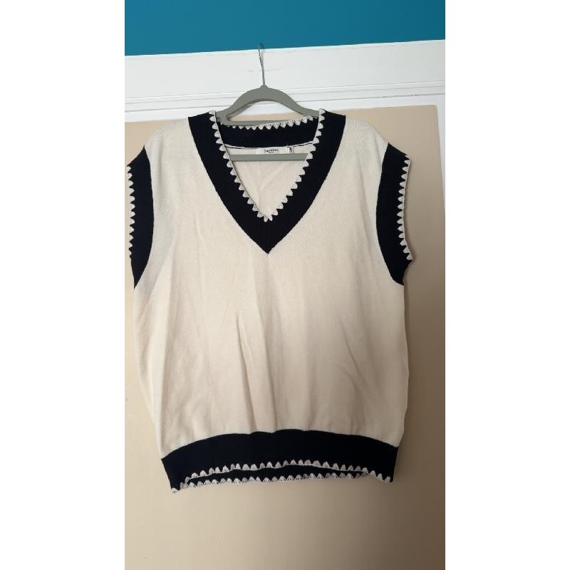 Pull manche courte blanc noir  TAILLE S M